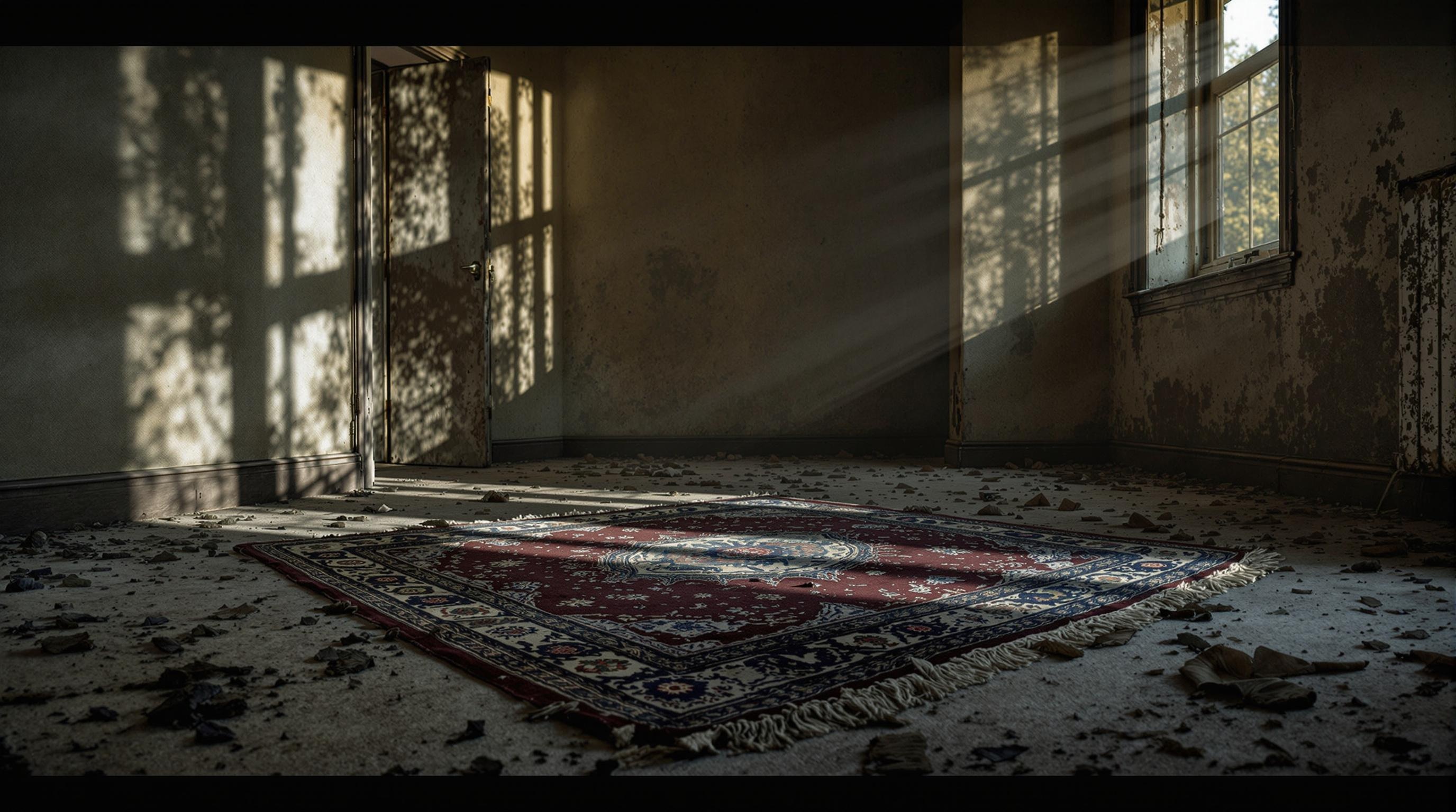 A carpet lies abandoned on a dusty floor, in a post-nuclear house. Shadows dance across the walls, evoking a haunting atmosphere of desolation and forgotten memories, whispering stories of a lost civilization. Low angle view.