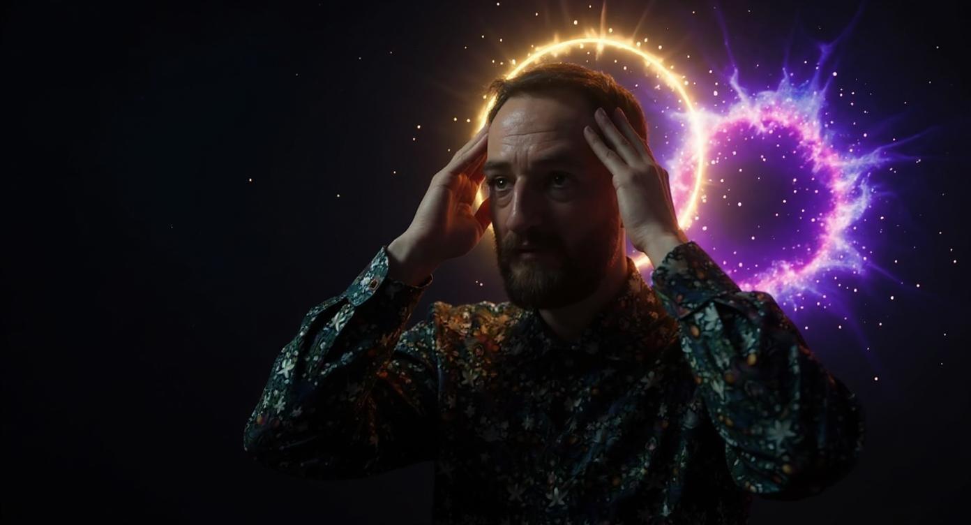 A close-up of a man positioned on the right side of the frame, focusing on his face and upper chest. He holds both hands on his head, fingers gently touching his temples, with an expression of surprise and amazement. Behind him is a vibrant purple portal resembling a cosmic nebula, positioned closer to the right side of the frame but not directly behind his head. Radiant golden divine light emanates softly from his body, and a glowing golden halo (nimbus) encircles his head. The left side of the frame is completely empty with a clean, neutral background—no objects or effects. The overall background is dark gray with subtle small stars scattered throughout, adding depth and cosmic atmosphere. The entire image has a 3D effect with rich depth and dimension. The special effects are styled like those in a high-budget cinematic production—sleek, polished, and visually striking. The overall image is darker to create contrast. The image features bright, epic, and highly detailed visual effects with vivid colors. The image is high-contrast, extremely vibrant, with premium-level sharpness and brightness, designed for an eye-catching YouTube thumbnail. No dark or muted tones in main elements, only bright and saturated colors.
