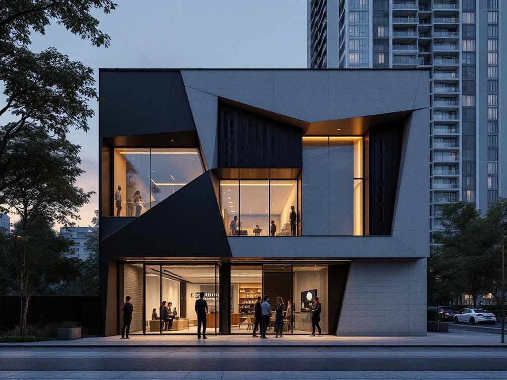 Modern minimalist architectural building at twilight, contemporary, exterior, gray and black facade with integrated LED lighting, people standing near the building, angled panels, large windows, glass storefront, contemporary business, office, exterior shot, city backdrop with tall apartment building, calm evening light, trees, paved area, realism, photorealistic, detailed, high-resolution, architectural visualization, modern building facade design, smooth materials, subtle light reflections, urban landscape, evening atmosphere, detailed textures, professional 
photorealistic render