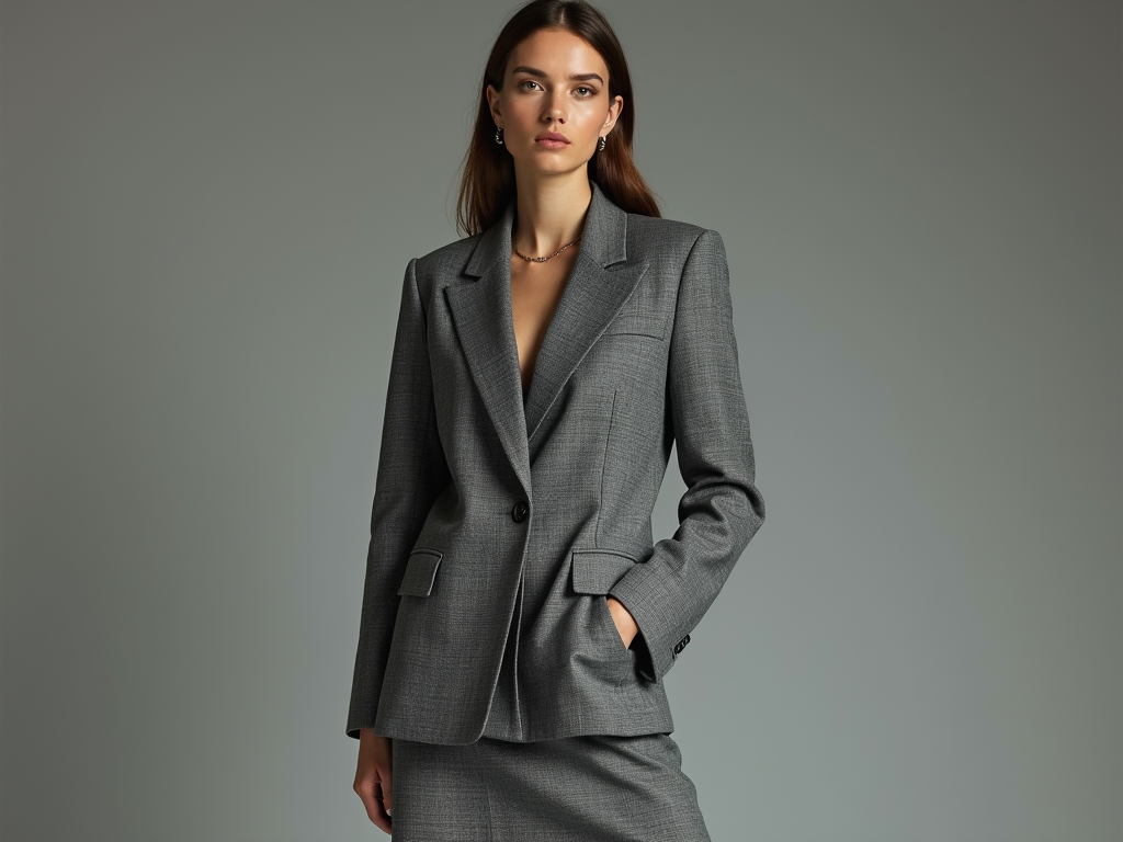 she is a tall european fash ion model wearing a grey textured dior skirt suit