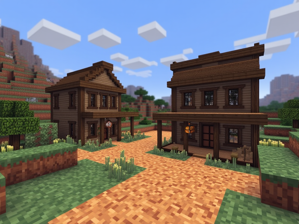 generate an image of a  minecraft build of a small Western town with a couple buildings and a mine in a badlands biome