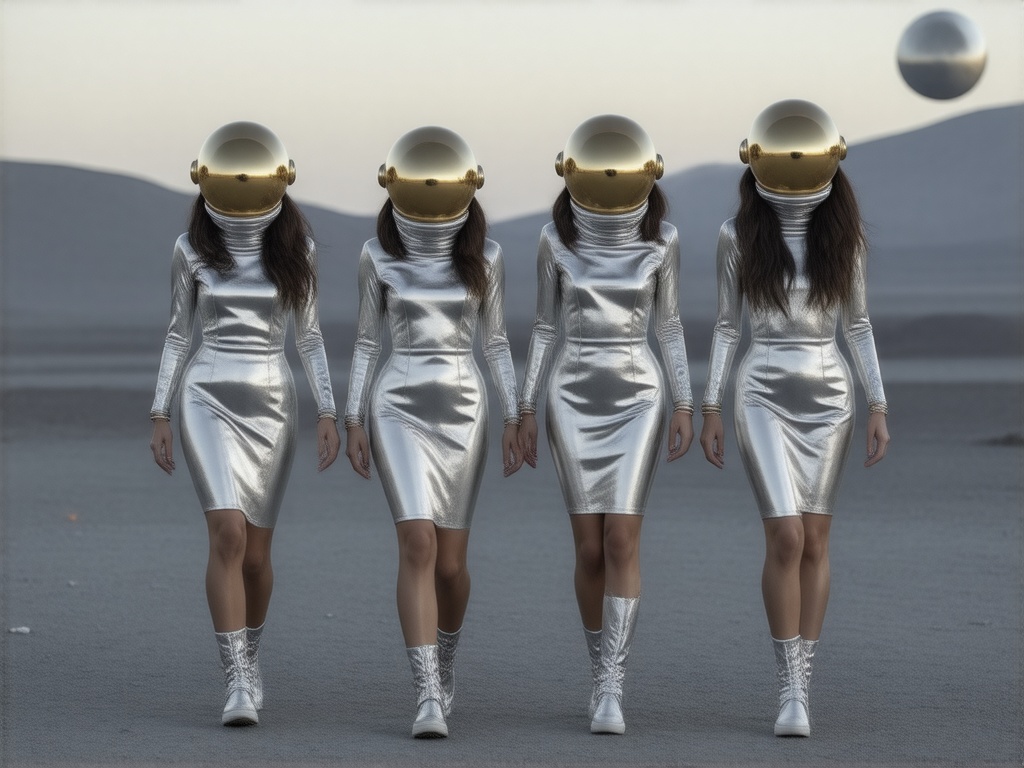 Four women walking in a grey moon landscape, women are wearing silver colored stylish dresses, women are wearing space helmets that resemble golden christmas balls, in the background to distant moons can be seen, the moons resemble christmas balls