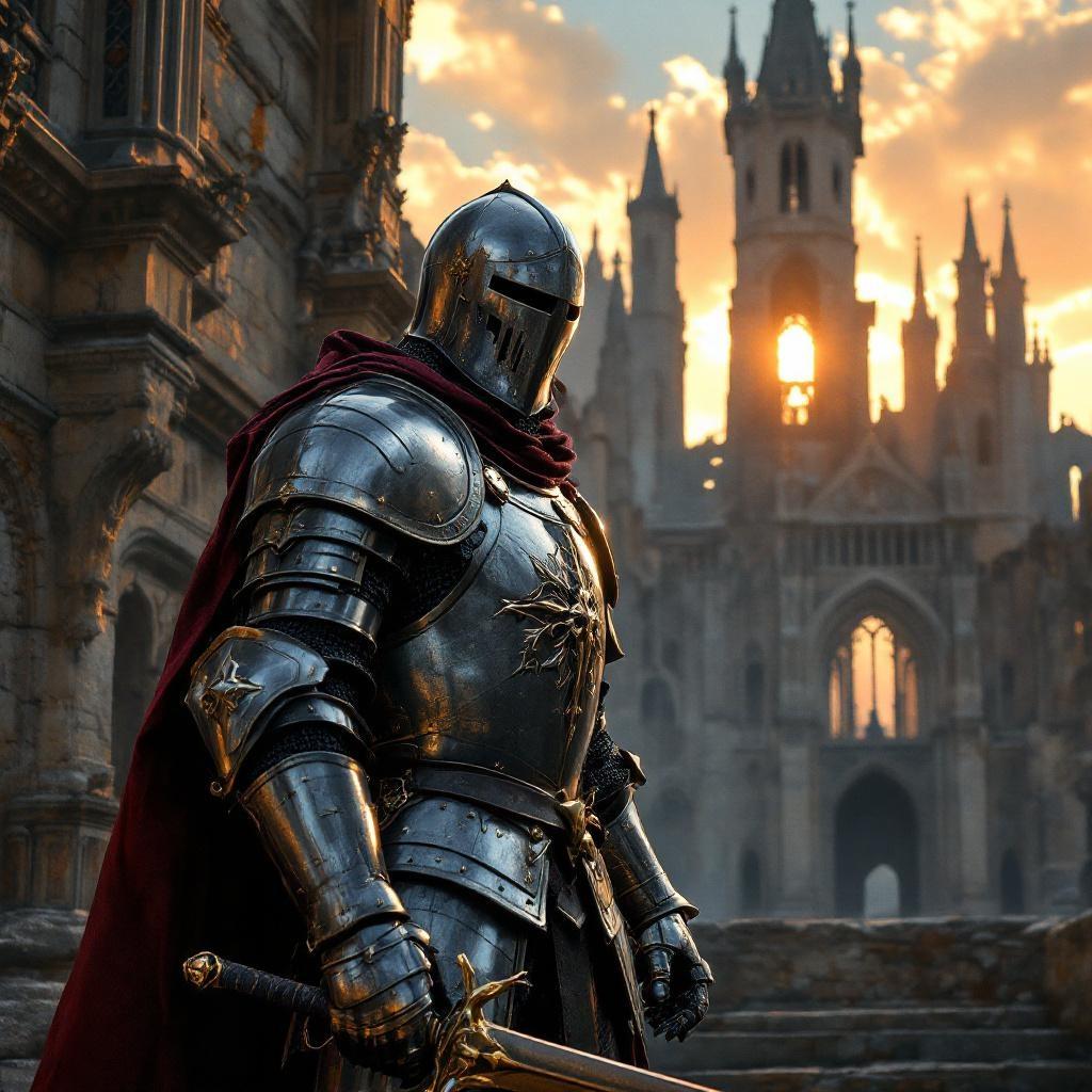 A hyperrealistic photograph: a knight in meticulously detailed 15th-century plate armor, wielding a gleaming алебарда, stands amidst a crumbling Gothic cathedral, bathed in the ethereal glow of a setting sun, conveying a sense of solemn, melancholic grandeur, a blend of historical accuracy and painterly realism.

