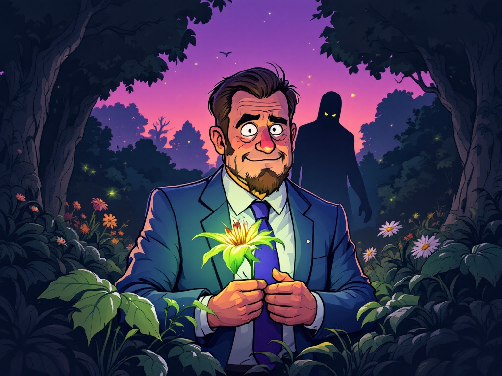 A whimsical Gravity Falls-esque cartoon depicting Councilman Dale Karr, Parks and Science Committee head, secretly clutching a wilting, bioluminescent flower—his hidden shame—amidst a vibrant, overgrown park at twilight;  his smug expression belies the looming threat, a shadowed figure lurking in the background, hinting at impending doom, rendered in a vibrant, slightly off-kilter style reminiscent of Alex Hirsch's work, with exaggerated features and bold outlines.
