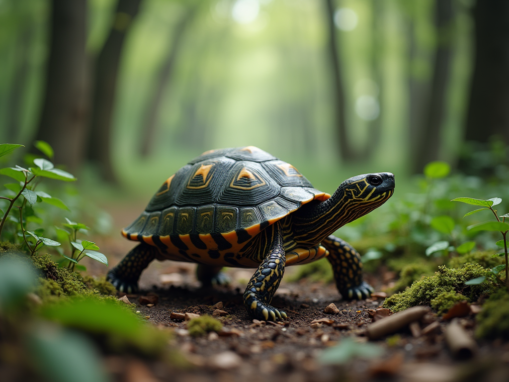 the turtle is wandering on its way through the forest