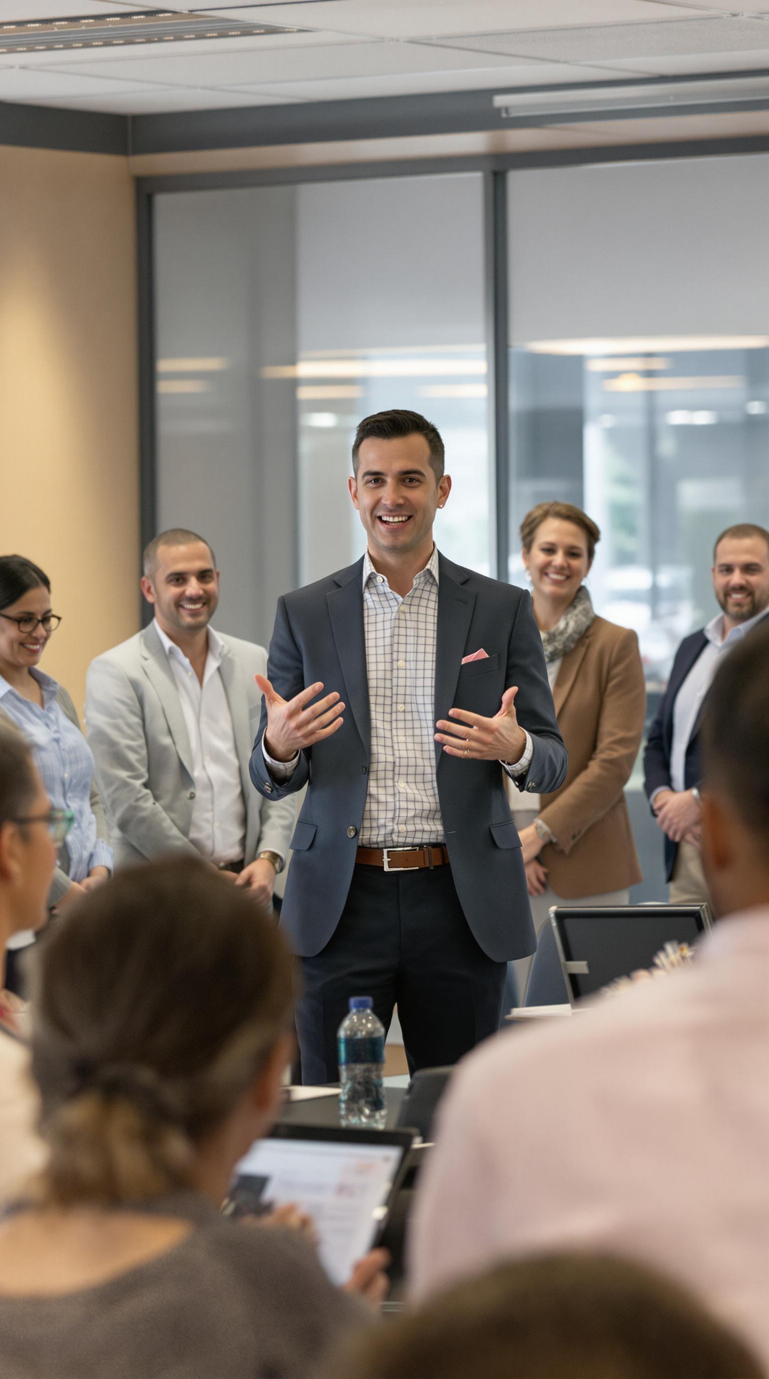 
A modern boardroom setting with a very small group of professionals engaged in a mental health certification training session. Diversity. The speaker, a confident facilitator, stands at the front, gesturing while explaining key points. The audience, consisting of men and women , is actively listening, smiling, and taking notes. The participants are dressed in  casual attire—some wearing sport coats, but no business suits or ties. The atmosphere is warm, professional, and welcoming, with natural lighting and a clean, modern office design. no people in the foreground.