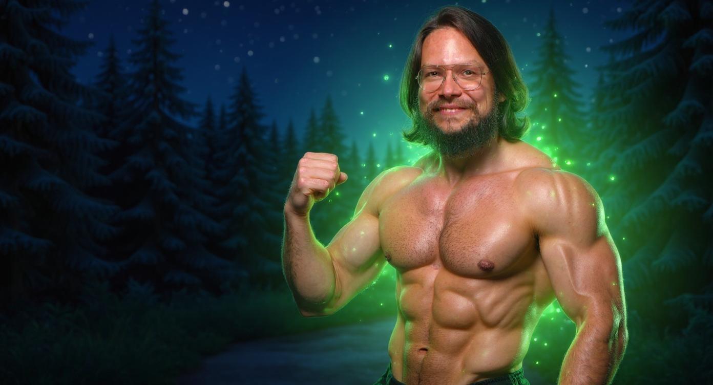 A fit, lean man positioned tightly in the right part of the frame, shown from the chest up, shirtless and confidently flexing his bicep with his arm slightly lowered for a natural, relaxed pose. He is surrounded by a vibrant green glowing aura softly emanating from his body. The background depicts a serene summer night forest filled with blue fir trees under a starry sky, creating a peaceful and mystical atmosphere. The dark, natural setting contrasts beautifully with the bright green aura around the man. The scene features sharp, high-contrast lighting that highlights his muscle tone and facial features. The composition is bold, dynamic, and designed as an eye-catching YouTube thumbnail.