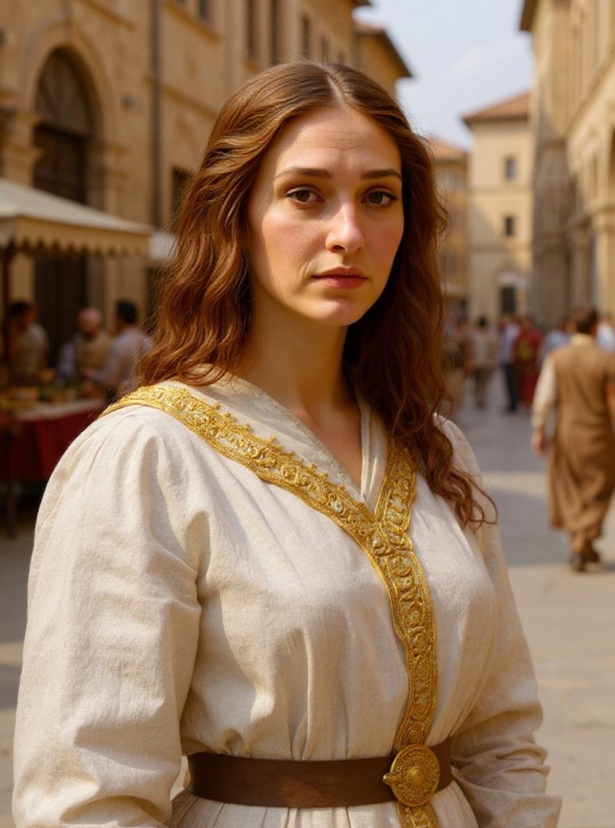 Change the background to a bustling Roman marketplace in the 4th century AD, with vendors, shoppers, and architectural details consistent with the period, while preserving the woman’s facial expression, hairstyle, clothing style (Himation)