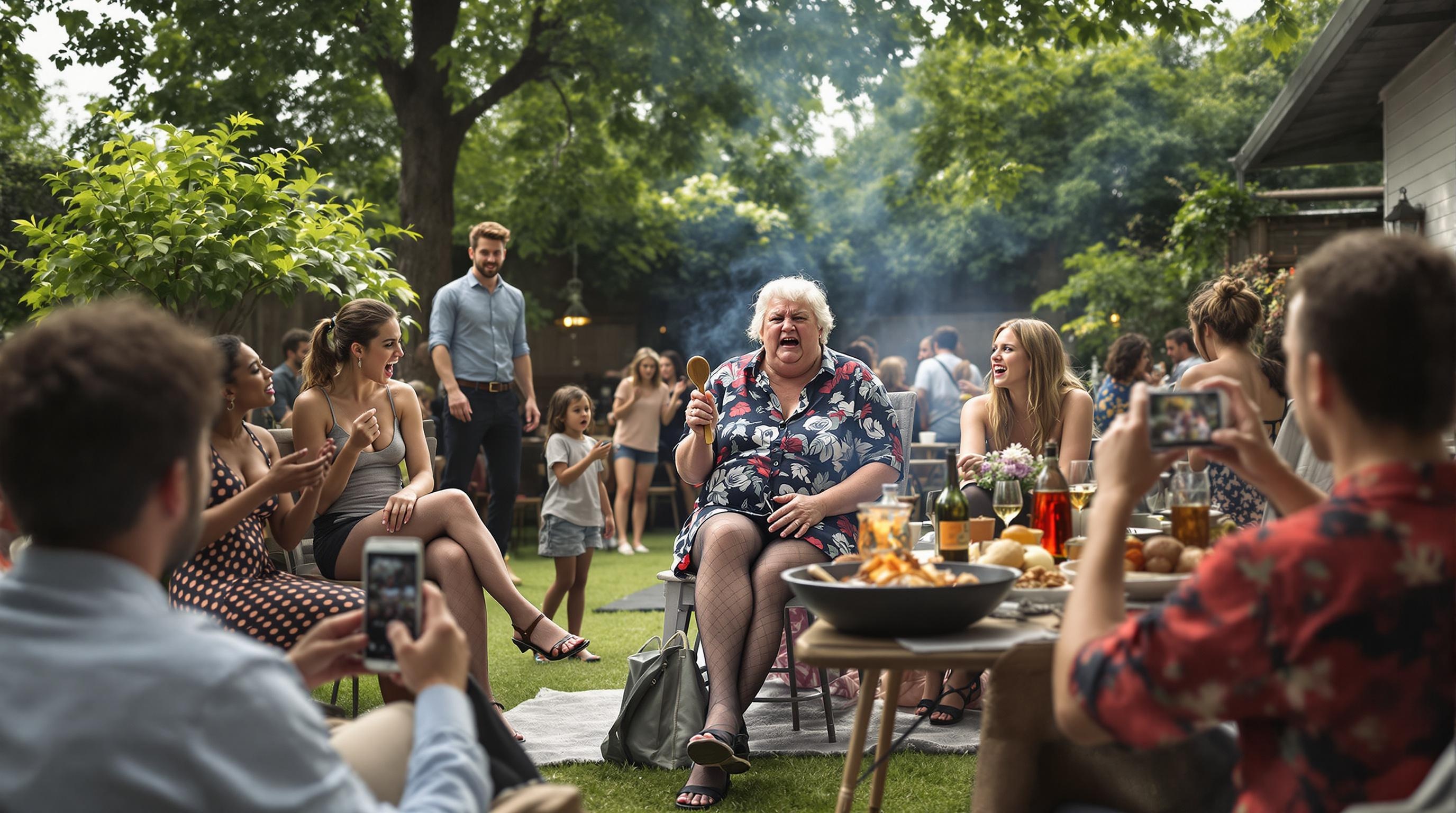 at a barbecue party in large  garden fat grandmother sit on a stool and hold a wooden spoon and looks angry . a young women wear purely black patterned  tights , sandals , belly shirt. laterally , she look to grandma and cry and holds own buttocks and trousers down.  other young womens wear black cotton tights , sandals and shirt, they are terrified sitting around some tables and look surprised with many other people .a young man take pictures with smartphone