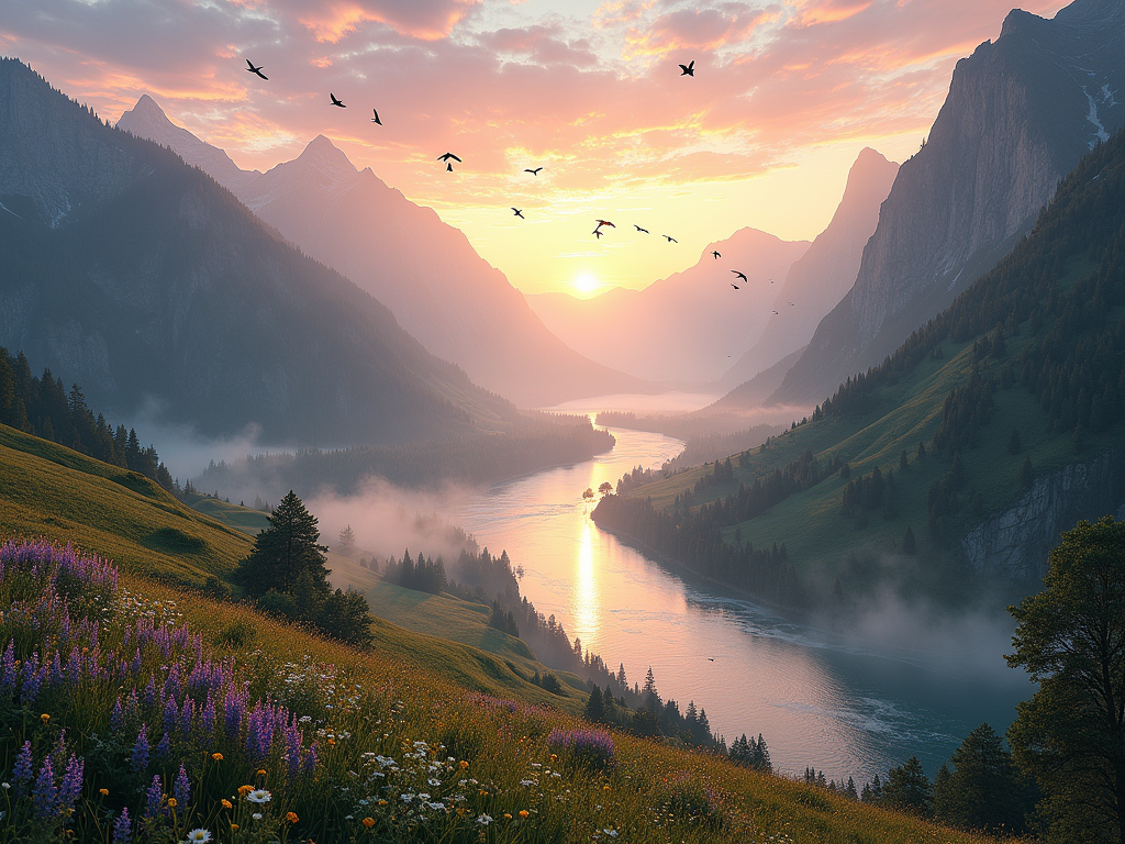 **Image Description for VECAIS QUARTALS – "BALLE" Album Cover**  

A magnificent and expansive natural landscape that radiates a sense of wonder and inspiration. The cover showcases a majestic river valley at sunrise. The river curves gently through the scene, its mirror-like surface reflecting the soft pinks and oranges of the awakening sky. Mist rises in delicate swirls from the water, adding a dreamlike quality to the setting.  

On one side of the valley, rolling meadows blanketed with wildflowers in vibrant purples, yellows, and whites extend toward the horizon. On the other side, steep cliffs covered in dense green forests rise dramatically, with sunlight piercing through the foliage, casting golden beams onto the valley floor.  

In the background, the landscape ascends into distant, rugged mountain peaks, their snow-capped tops glowing in the morning light. A flock of birds soars gracefully across the sky, adding a sense of motion and life to the tranquil yet powerful scene.  

The band’s name, **VECAIS QUARTALS**, is set in bold, earthy-toned serif font at the top center of the image, blending harmoniously with the natural tones. The album title, **"BALLE,"** is placed near the bottom, in a flowing script that mimics the curves of the river, softly glowing as if illuminated by the sunrise. This design captures the grandeur and uplifting spirit of nature, mirroring the themes of joy and freedom expressed in the music.