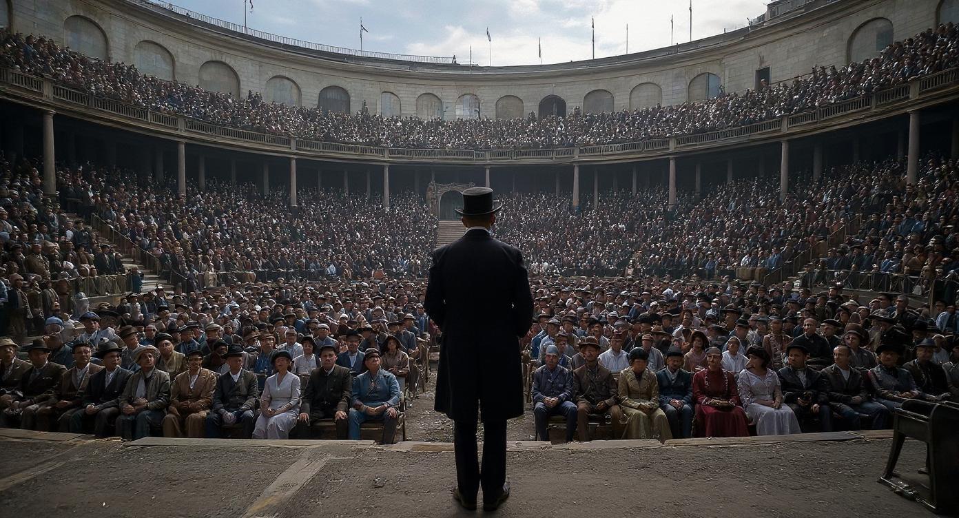 {
  "prompt": "Gabriele D'Annunzio standing on a stage in the early 1900s, wearing an elegant dark suit and bowler hat, addressing a massive crowd in a grand circular amphitheater filled with thousands of people in period clothing, men in military uniforms and formal suits, women in long Edwardian dresses and wide-brimmed hats, all facing the stage. The architecture is neoclassical stone with arched windows and balconies packed with spectators. Cinematic hyperrealism, natural daylight, fine historical details, realistic skin textures, atmospheric depth, warm yet neutral tones, photographed with an ARRI Alexa 65, ultra wide-angle lens, aspect ratio 16:9.",
  "negative_prompt": "blurry, cartoonish, modern clothing, anachronistic objects, low resolution, overexposed, unnatural skin tones",
  "seed": 145892,
  "guidance_scale": 7.5,
  "steps": 35,
  "width": 1920,
  "height": 1080,
  "sampler": "Euler a"
}
