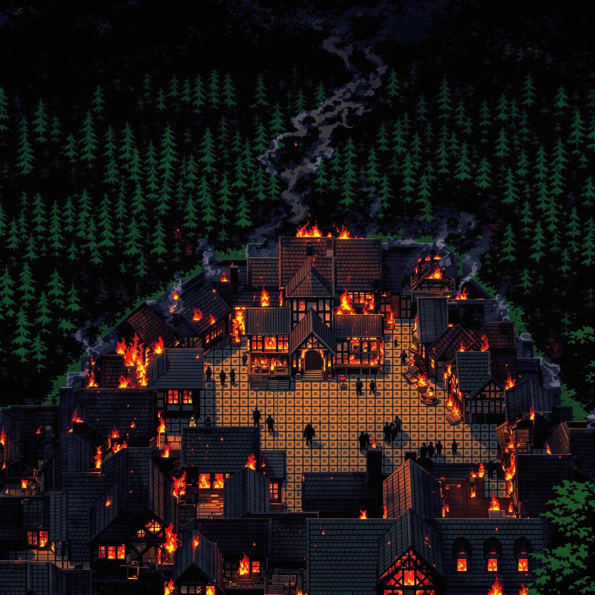 16-bit pixel art aerial view of burning medieval village from rooftop perspective, showing flames across wooden structures toward dark northern forest. Blazing houses and smoking buildings spread across tile-based composition. Central plaza surrounded by structures, transitioning to forest silhouette with dithering and limited palette. Dramatic nighttime fire lighting creates orange-red glow through pixel shading, with smoke columns using classic 16-bit style. Viking warriors in circle around plaza, building fires as distance markers. Composition balances foreground roof details with forest backdrop using layered pixel techniques, contrasting destruction with escape route through crisp pixels and retro aesthetics.