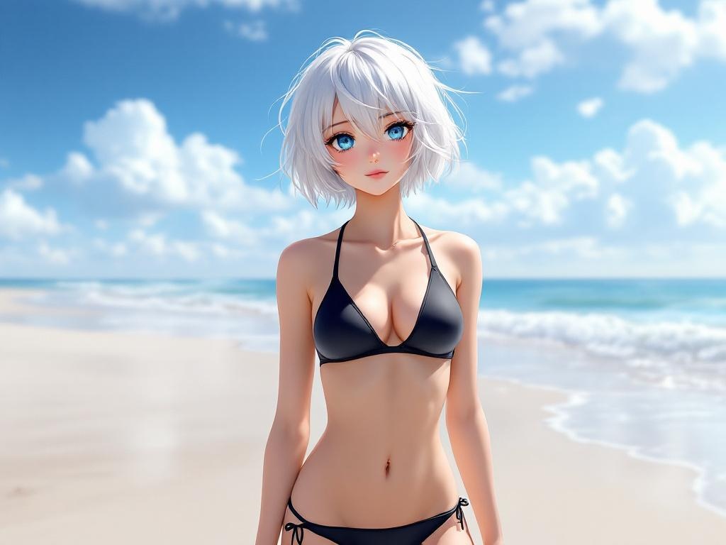 A girl with blue eyes and short white hair stands on the beach in a black short swimsuit Realistic image 