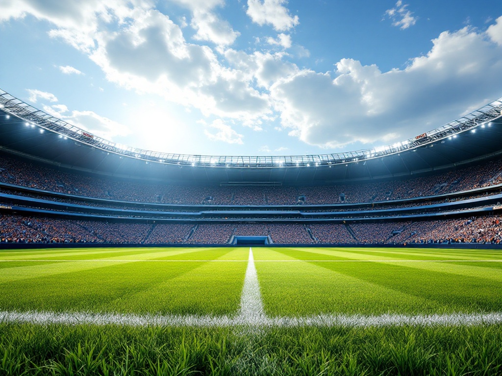football stadium on background, view from grass, wild angle