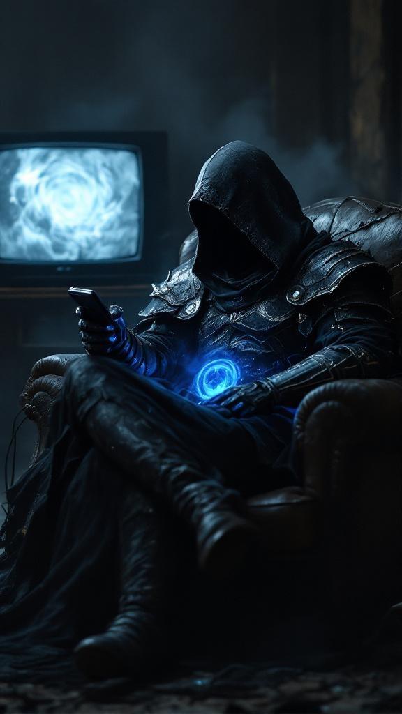 A dark, hooded figure clad in torn black armor sits slouched in a worn leather armchair, holding a remote control in one hand, lazily flipping through TV channels. His glowing blue energy core swirls faintly, casting an eerie light across the dimly lit room. The flicker of a television screen reflects off his faceless hood, illuminating the metallic edges of his armor. The setting feels like a surreal mix of medieval darkness and modern living room—scattered wires, static glow from the TV, and the contrast of ancient power with mundane technology. Highly detailed, hyper-realistic, moody cinematic lighting, dramatic shadows, faint smoke in the background.
