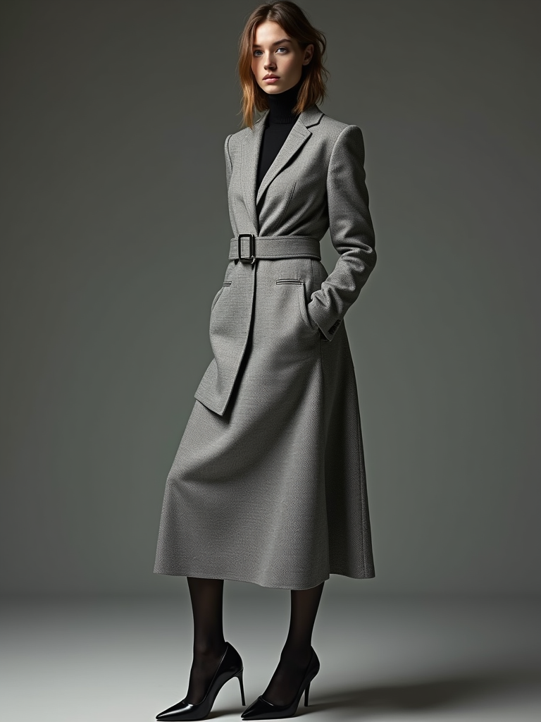 she is a tall european fash ion model wearing a grey textured dior skirt suit full figure, head and shoulders
