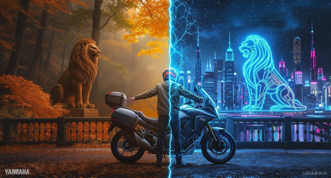 A man stands in front of his Yamaha Tracer sport-touring bike with side cases. He is wearing a beige jacket, blue jeans and grey motorcycle helmet with orange and blue patterns. He stands both feet on the ground slightly apart, arms slightly outstretched as if presenting both realms. In the background on the left, there's a magic orange-green deep forest. And there is an ancient lion stone statue. On the right side of the bridge over the river, we can see a futuristic cyberpunk city skyline glowing with neon lights and holograms. And there is another lion statue, perfectly symmetrical and identical to the stone one, but made out of glowing blue neon. Composition is flat, symmetrical, suited for a facebook cover picture, showing a clearly gradual gradient transition from left to right from deep forest to the cyberpunk city. Cinematic futuristic photorealistic ultra-detail atmospheric shot.