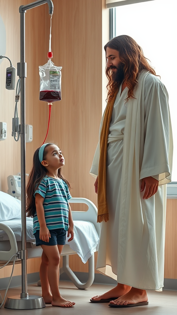 In a softly lit hospital room, a tall, serene figure of Jesus stands on the right, his long, wavy brown hair cascading over his shoulders, dressed in a flowing white robe and simple sandals. His compassionate gaze meets a young girl on the left, who has fair skin and long, dark hair adorned with a light blue headband. She wears a blue striped shirt and dark blue shorts, looking up at him with serene admiration, her expression radiating tranquility. 

The background features essential medical equipment, including a blood bag suspended from a sleek metal stand, tubes delicately intertwined, hinting at her ongoing treatment. Light wood paneling envelops the room, while a large, fogged window allows soft, natural light to filter in, creating an atmosphere of warmth and hope. This composition beautifully intertwines elements of care, spirituality, and comfort, evoking a profound sense of connection amidst adversity, inviting viewers to reflect on compassion and healing.