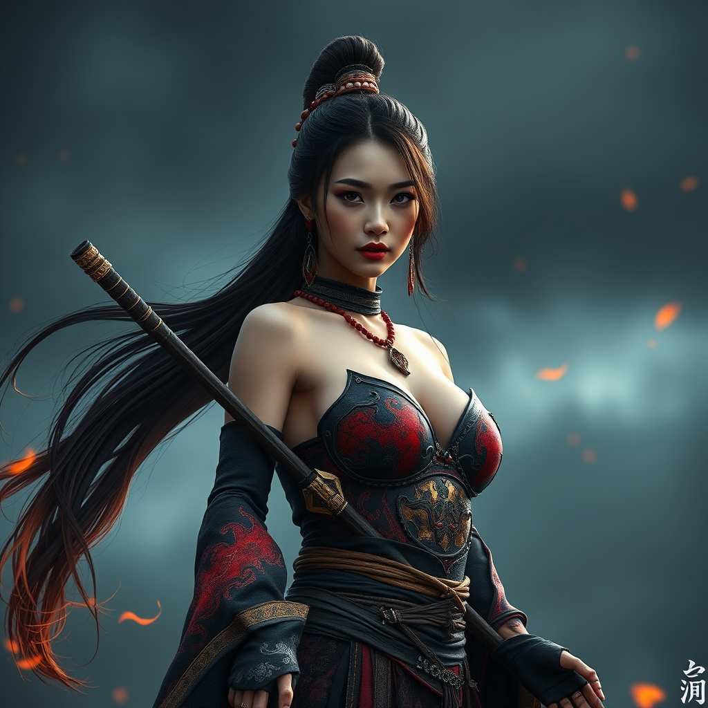 Ultra hot Chinese female dresses exactly as Norse god of war kratos from God of war game in much more seducing way, nature is very dark and sky is having bits of fire.