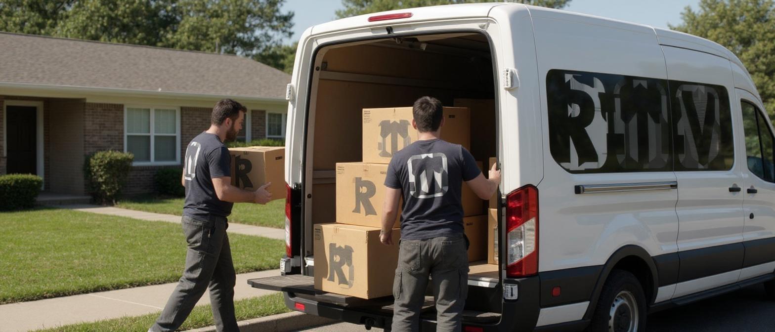 Two professional movers are loading cardboard boxes into a white moving van on a sunny day in a residential neighborhood. Each box clearly shows the attached logo on its side — centered, large enough to be easily readable, and printed in high resolution. The movers are wearing simple work clothes (T-shirt and work pants), and the boxes are neatly stacked. The scene looks realistic, with good lighting and natural colors. Use the full uploaded logo as a realistic print on the side of each box. Do not split the letters of the logo, it's one complete logo and should be printed as-is.