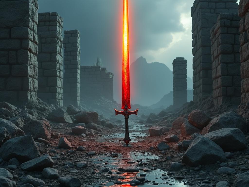 4k photo real  of crumbling ruins, and glowing sword 