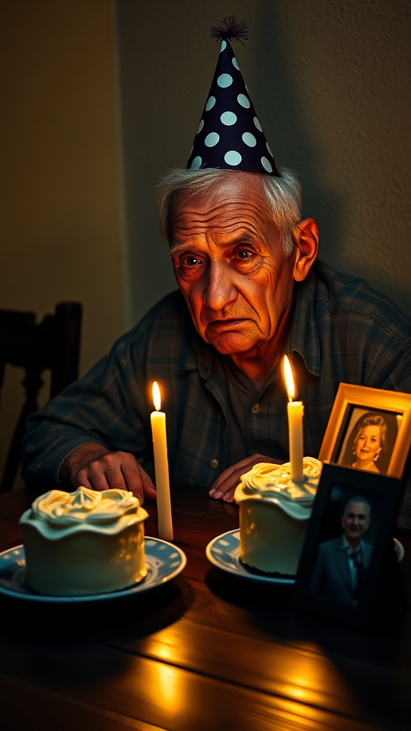 Create a poignant nighttime indoor scene in ultra-realistic photography style. An elderly, balding man with sparse white hairs sits at a dark wooden table, illuminated by a flickering candle's dim, yellowish glow. He wears a vibrant, polka-dotted party hat, contrasting sharply with the melancholic atmosphere. His deeply wrinkled face, marked by sadness and reflection, is beautifully highlighted by the soft light, emphasizing his emotional depth. The table features a small birthday cake adorned with glossy cream frosting, resting on a blue ceramic plate, with a single lit candle casting a warm glow. Beside the cake, a photo frame holds an image of his late wife, reflecting the candlelight, enhancing the scene's emotional weight. The yellowish light creates a delicate interplay of shadows, accentuating the textures of the surfaces and the man's sorrowful expression, deepening the realism. The background reveals a subtly textured, neutral-colored wall, hinting at the age of the house, ensuring the focus