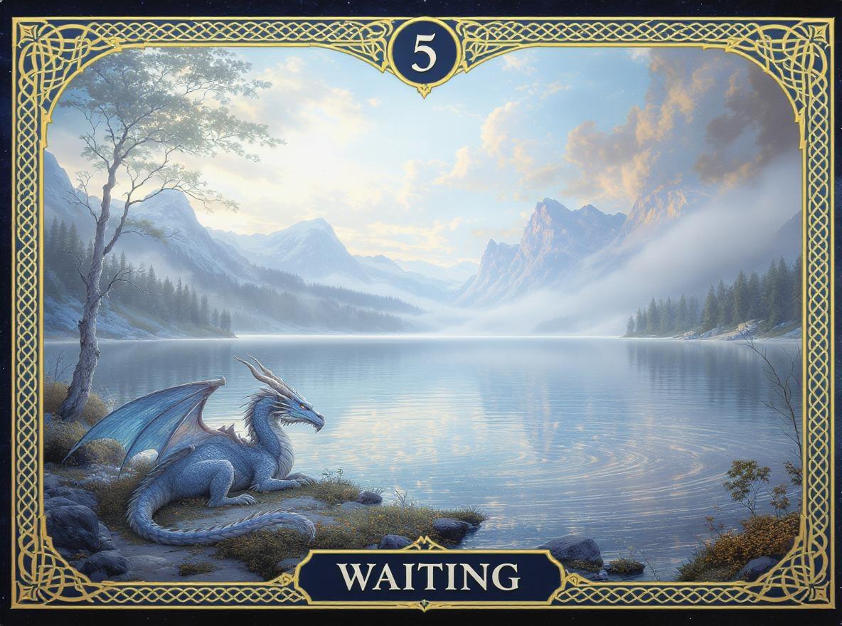 Hand-painted, detailed fantasy oracle card, edge-to-edge composition with no white space or transparency. Background is softly blended with tranquil sky blues (#89D3DC) and gentle mountain greys (#67707B). Overlay a crisp, ornate Celtic knotwork border with the primary colour being: #A18136,  wrapping seamlessly around the entire card. At the top, a distinct golden arch frames the hexagram number: “5” in elegant serif font, 14pt, perfectly centered and padded from the frame. At the bottom, the title “WAITING” appears in 18pt elegant serif font, centered with precise padding above the border.

In the scene: A wise dragon rests peacefully at the water’s edge, gazing across a vast, still lake. Gentle white mist swirls over the water. Several tranquil figures are gathered in quiet companionship along the serene shore, embodying patience, trust, and the gentle anticipation of arrival. The whole composition is mystical, distinctly painted, evoking calm, spiritual readiness, and harmonious waiting. The ornate golden celtic  knotwork border overlays the full background with clear, sharp edges—no gaps or transparency—giving the card a timeless, luxurious finish.