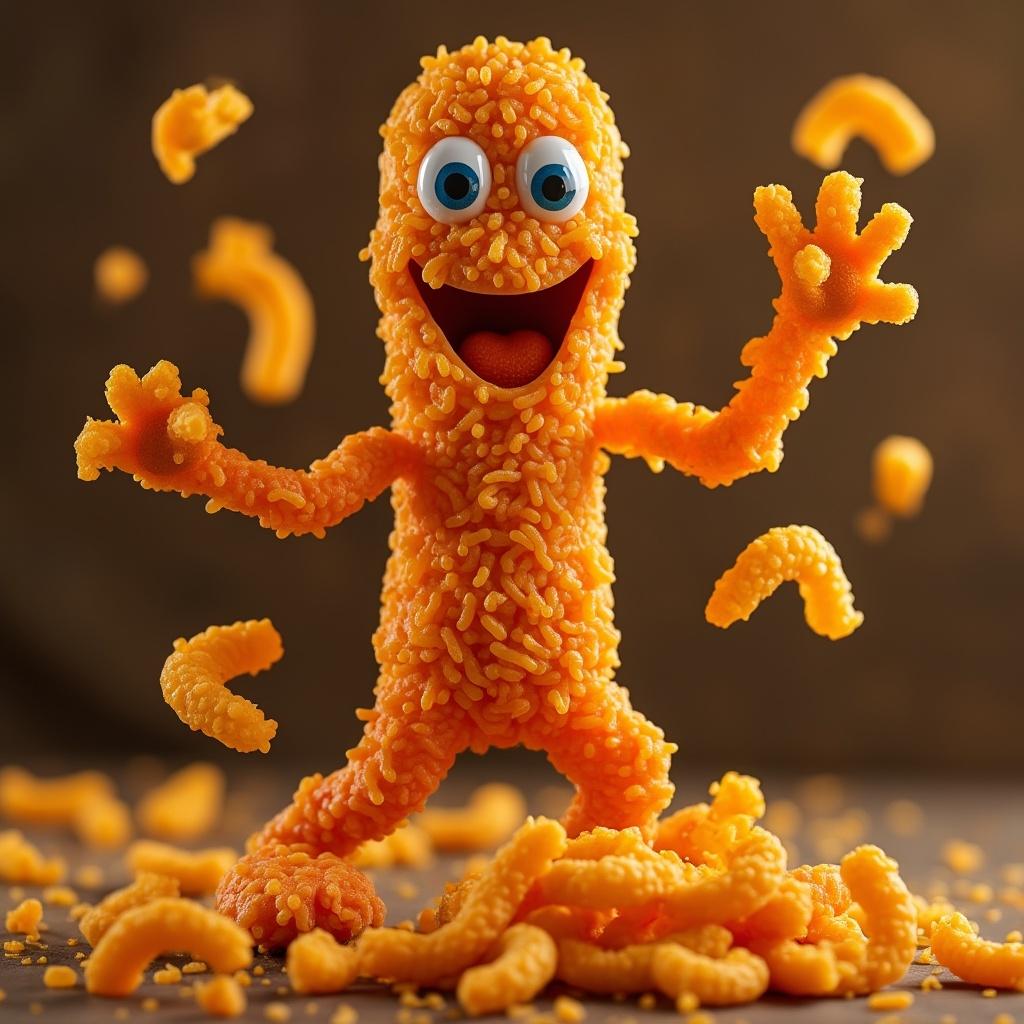 
make a cheetos with hands and foot, very cool, smiling