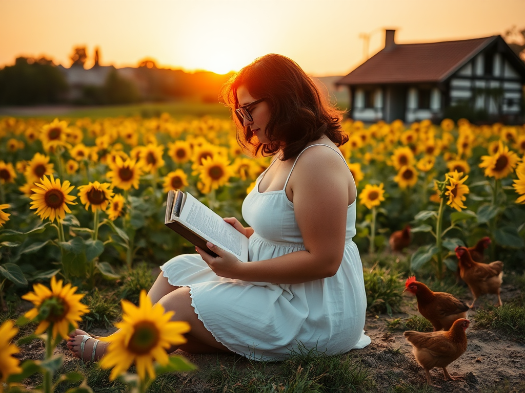 Full body image of a curvy european woman in her 30s. The woman is far away in a field of sunflower at sunset. Her hair is dark brown cut into a long wavy bob. She is wearing cat eye glasses and a white summer dress. The woman is sitting on the ground cross legged reading. next to the field is a small rustic house and a few hens running around