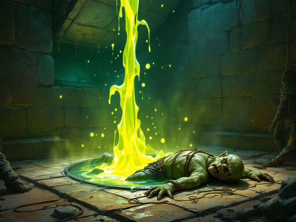 Gelatinous cube emerging from a trapdoor in the floor. Unconscious, tied up with a rope goblin lies on the floor. Other part of the rope is attached to the trapdoor. 5 other characters are running out of the room. This is Dungeons&Dragons RPG seeting