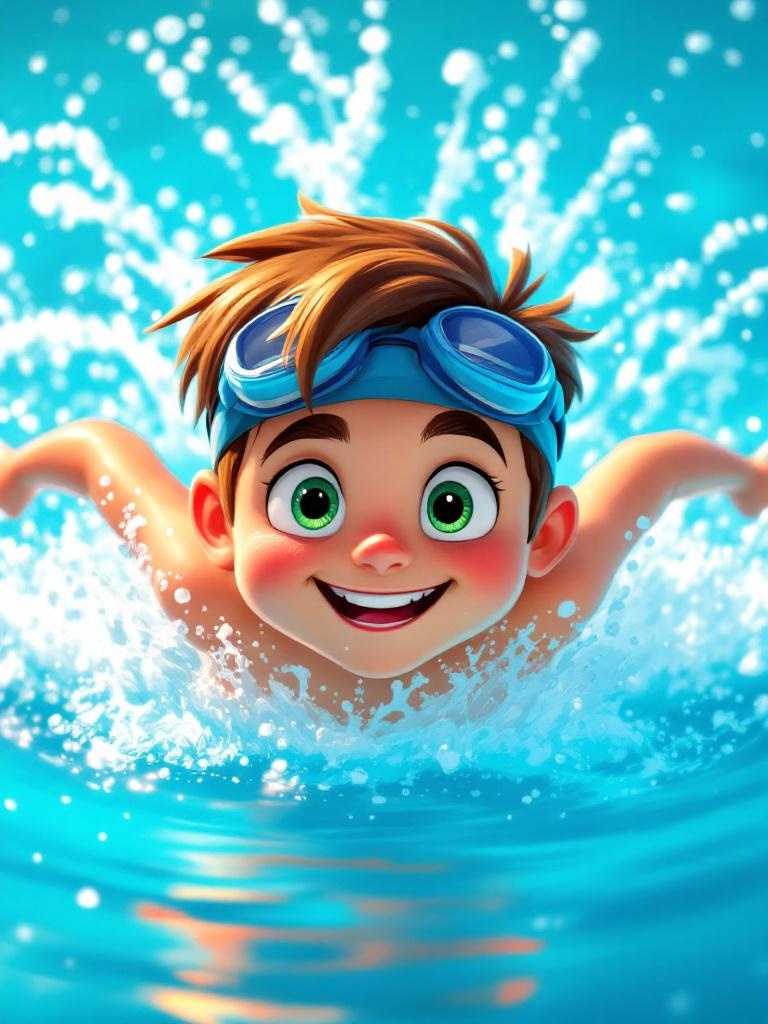 A cute boy with short brown hair, green eyes, and a confident grin swimming freestyle in a bright blue pool. He wears a swim cap, goggles, and blue swim trunks. Water splashes dramatically around him. Cartoon-style with Disney animation aesthetics — clean lines, vivid colors, and a slightly exaggerated joyful look, with bright summer lighting overhead.