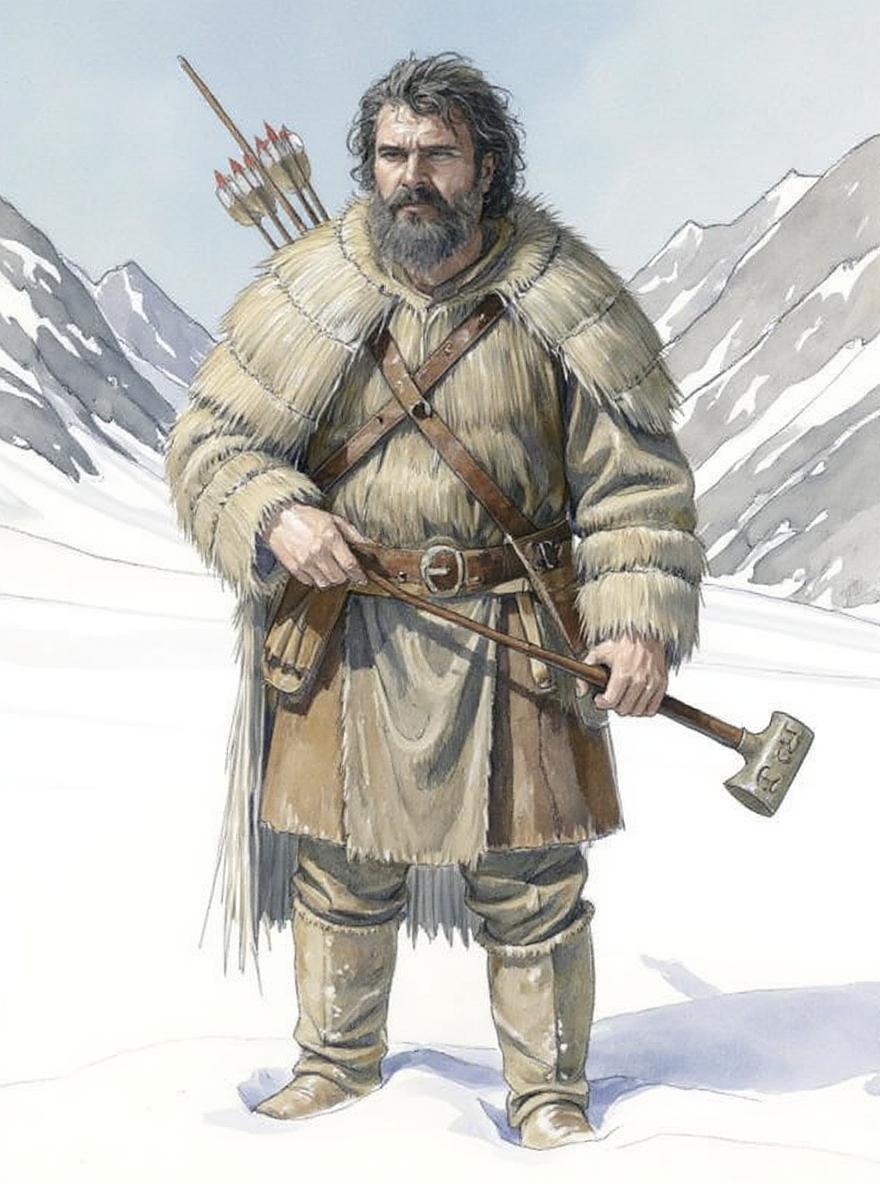 a picture of Ötzi the Iceman a man with a bow and a fur coat, otzi, wearing cave man clothes, 
A rugged man resembling a prehistoric era hunter stands in a snowy landscape. He has curly dark hair and a beard, dressed in animal fur clothing that includes a tunic, leggings, and boots. A quiver of arrows and bow are slung over his shoulder, while he holds a carved wooden tool in one hand and a prehistoric ax in th other hand. The background features a pale mountain range, enhancing the cold, rugged environment he inhabits.The man is Ötzi, with.
