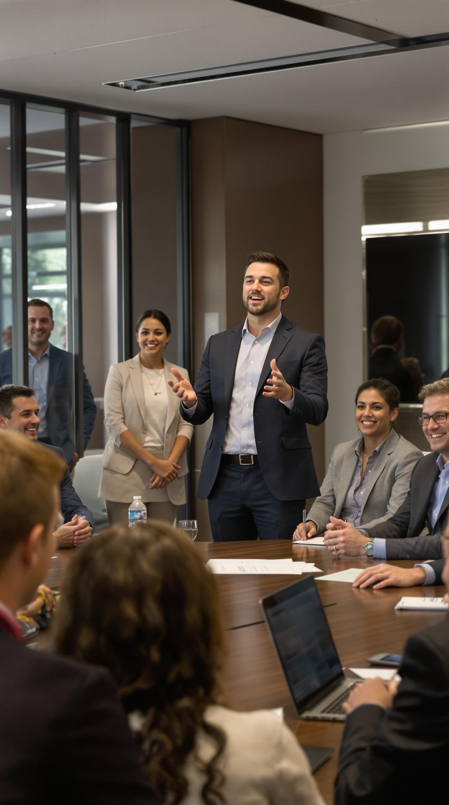 
A modern boardroom setting with a very small group of professionals engaged in a mental health certification training session. Diversity. The speaker, a confident facilitator, stands at the front, gesturing while explaining key points. The audience, consisting of men and women , is actively listening, smiling, and taking notes. The participants are dressed in  casual attire—some wearing sport coats, but no business suits or ties. The atmosphere is warm, professional, and welcoming, with natural lighting and a clean, modern office design. no people in the foreground.