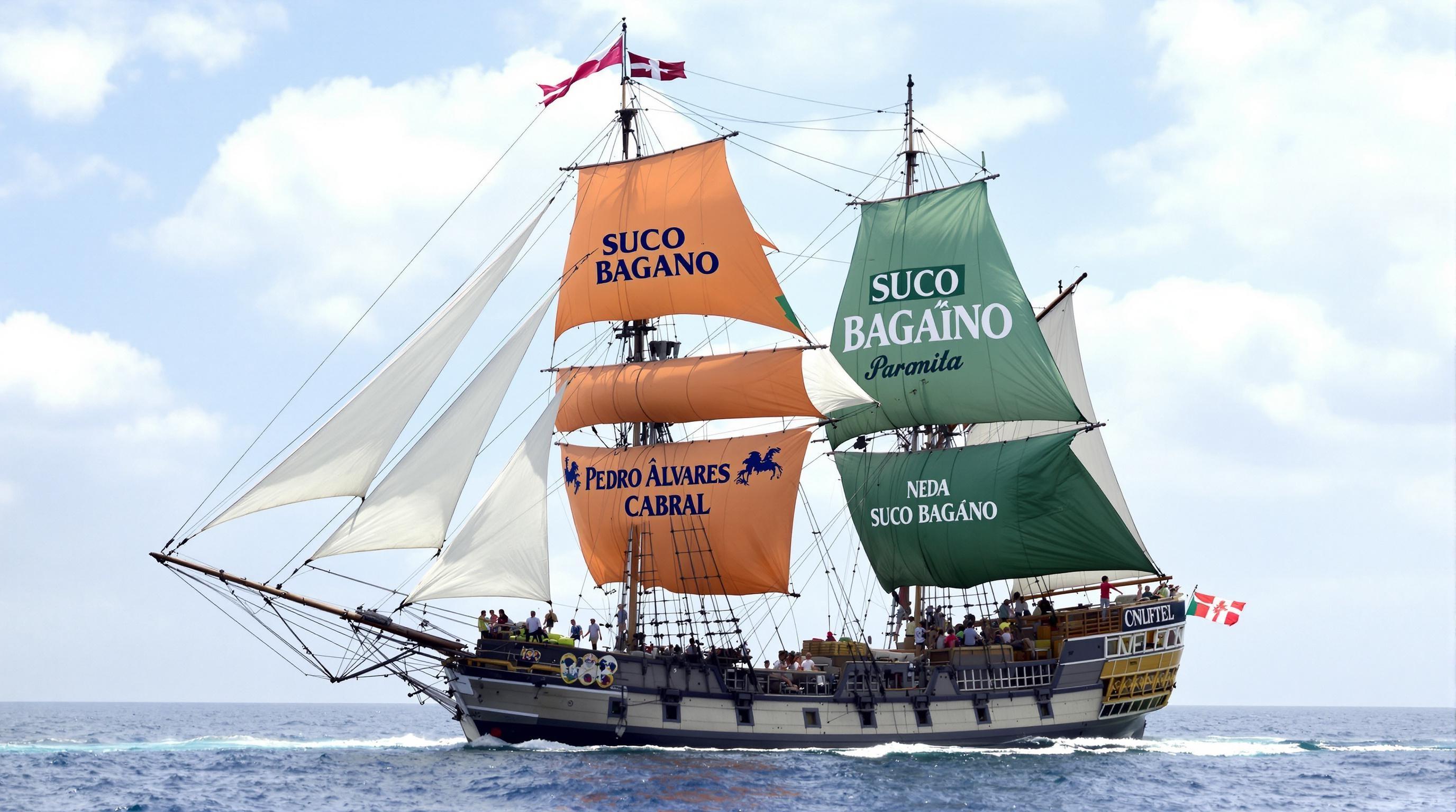 Caravela de Pedro Álvares Cabral chegando em Lisboa, carregada de frutas tropicais.
A caravela tem duas velas muito grandes, uma vela totalmente laranja e a outra totalmente verde, um verde médio.
Nas duas velas o nome em destaque é : SUCO BAGAÇO