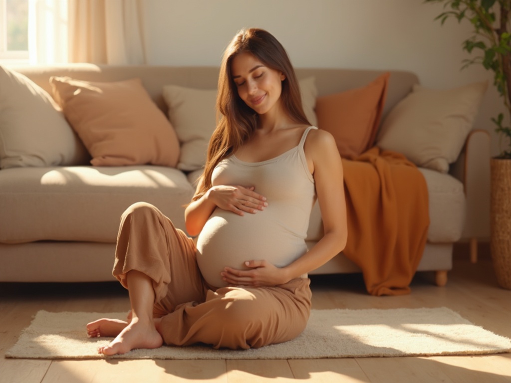 
The image features a serene moment of a pregnant woman sitting on the floor in a calm and inviting environment. She is dressed in a sleeveless beige top and soft, warm brown lounge pants, with bare feet resting gently on the smooth floor. Her hand tenderly cradles her rounded belly, and her long, light brown hair flows naturally over her shoulders. Her posture and facial expression convey a sense of tranquility and connection with her pregnancy.

The setting has been adjusted to reflect a warmer, cozier ambiance. The room features a beige-toned sofa in the background, adorned with soft, earth-toned pillows and a throw blanket in a warm caramel shade. The flooring has a light wooden texture with a soft beige hue, complementing the overall warm palette. The lighting is soft and golden, creating a comforting, nurturing atmosphere that highlights the peacefulness of the scene.