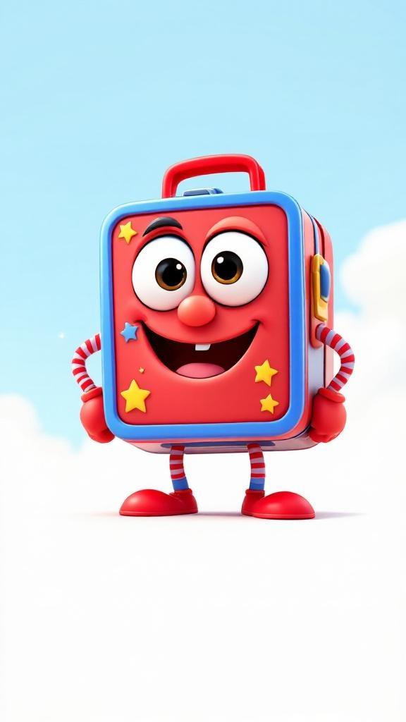Design a Pixar-style logo featuring a friendly, animated lunchbox character as the central figure. The lunchbox is slightly rounded, with bold colors like red, blue, or yellow, and decorated with fun stickers (stars, lightning bolts, smiley faces). It has big, expressive eyes on the lid, a wide goofy smile where the latch is, and little legs and arms made of bendable rubber-like material. The lunchbox is standing proudly in the center of the logo, striking a heroic pose with its lid slightly open like a hat flipped back. The background is a soft, gradient Pixar-style sky (light blue to white), and playful, chunky letters wrap around or sit beneath it, spelling out the brand or name in a bright, 3D cartoon font. Add subtle lighting and soft shadows to give it that polished Pixar look, with a touch of charm and humor in the character's pose and expression.