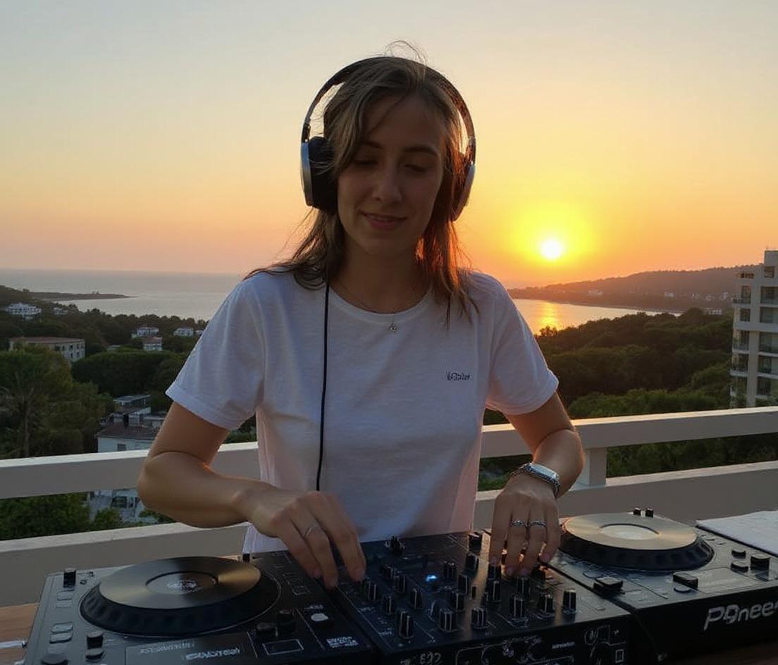 I need this person (uploaded image) as a DJ, playing on a DJ session.
"Pioneer" discs. (incorrect: "Pioner").
Headphones.
Background Ibiza terrace and beach. Top roof terrace.
Sun falling in the back sky but still daylight.
Basic style blue-sky colour t-shirt.
Music player must be fully seen.