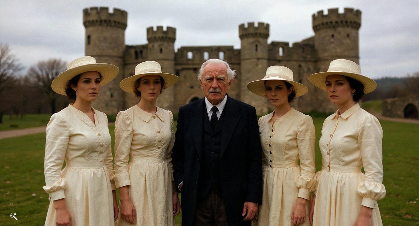 Early 1900s historical portrait of Gabriele D'Annunzio standing beside four elegantly dressed women in Edwardian white dresses with wide-brimmed hats, one woman in a black dress and hat, in front of the ruins of a medieval castle. Overcast sky, soft natural daylight. Cinematic hyperrealism, ultra high resolution, realistic skin textures, natural color grading, subtle warm tones, fine historical detail, depth of field, shot with an ARRI Alexa 65, aspect ratio 16:9.
