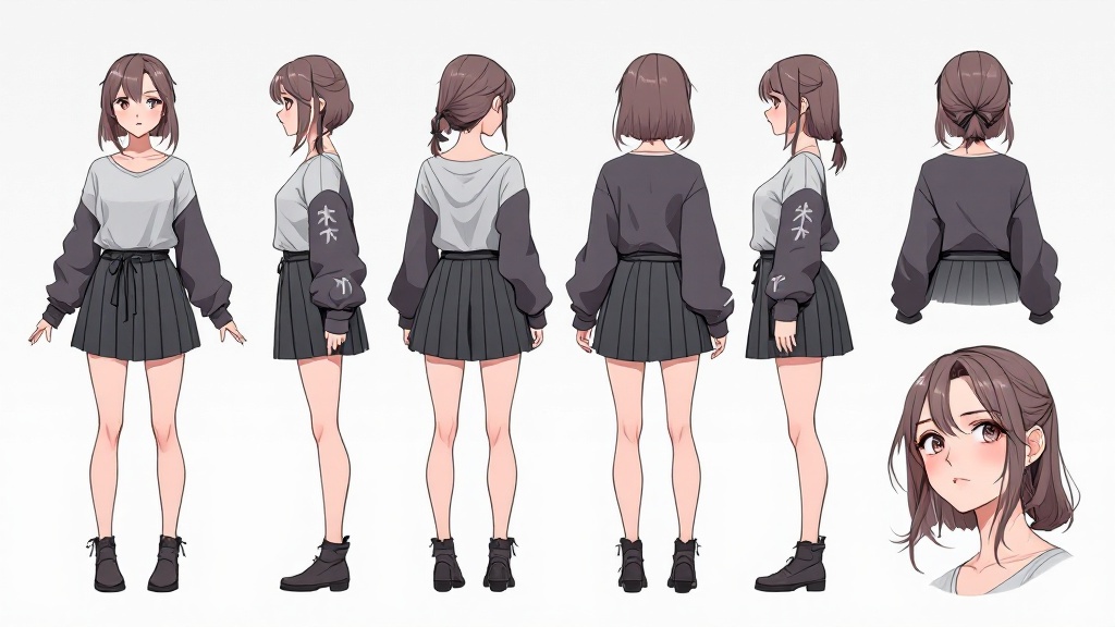 A character model sheet of [anime girl] displaying a wide range of poses and perspectives, such as the front, side, and back, close-up of the face from eight perspectives