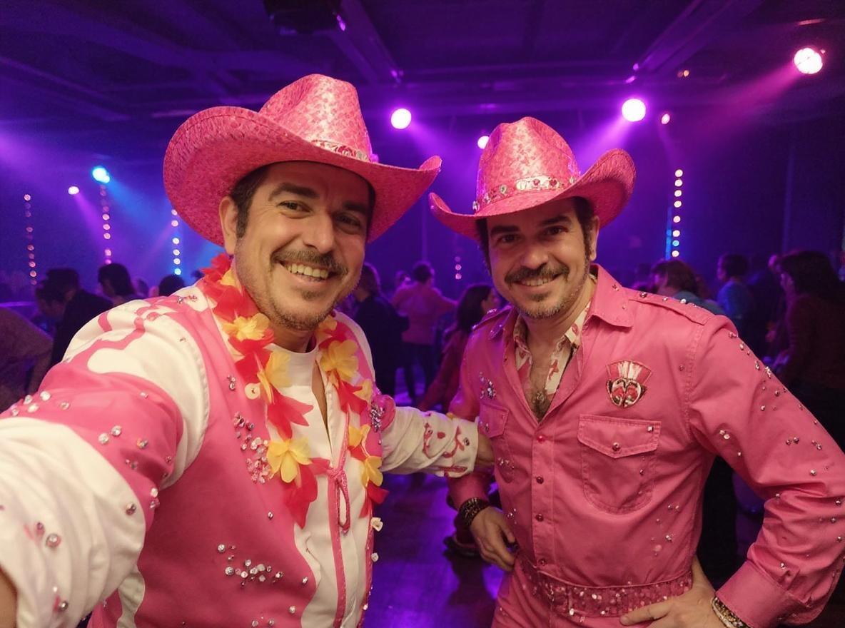 Put to both men Pink disco clothes and a Pink cowboy hat in a disco dance floor background