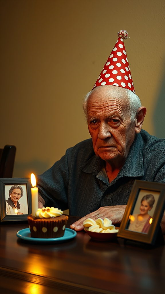 Create a moving indoor night scene in ultra-realistic photo style. An elderly man, bald and with sparse white hair, sits at a dark wooden table, lit by the dim, yellowish glow of a flickering candle. He wears a vibrant polka dot party hat, contrasting sharply with the melancholy atmosphere. His deeply wrinkled face, marked by sadness and reflection, is beautifully highlighted by the soft light, emphasizing his emotional depth. The table features a small birthday cake adorned with shiny cream icing, resting on a blue ceramic plate, with a single lit candle casting a warm glow. Next to the cake, a photo frame contains the image of his wife, reflecting the candlelight, highlighting the emotional weight of the scene. The yellowish light creates a delicate play of shadows, accentuating the textures of the surfaces and the man's sad expression, deepening the realism. The background reveals a wall with a subtle texture and neutral color, suggesting the age of the house, ensuring focus