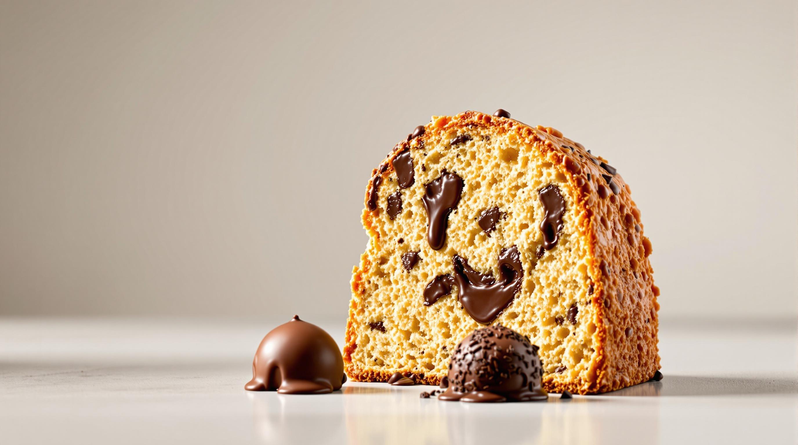 a side view of a perfect and realistic shape of a slice of panettone filled with melted chocolate and two truffles in the front . The panettone has a golden crust and a rich, fluffy interior  with melted chocolate. Lighting is bright and studio-style, emphasizing texture and detail. The background is clean and minimal to highlight the luxury of the product.