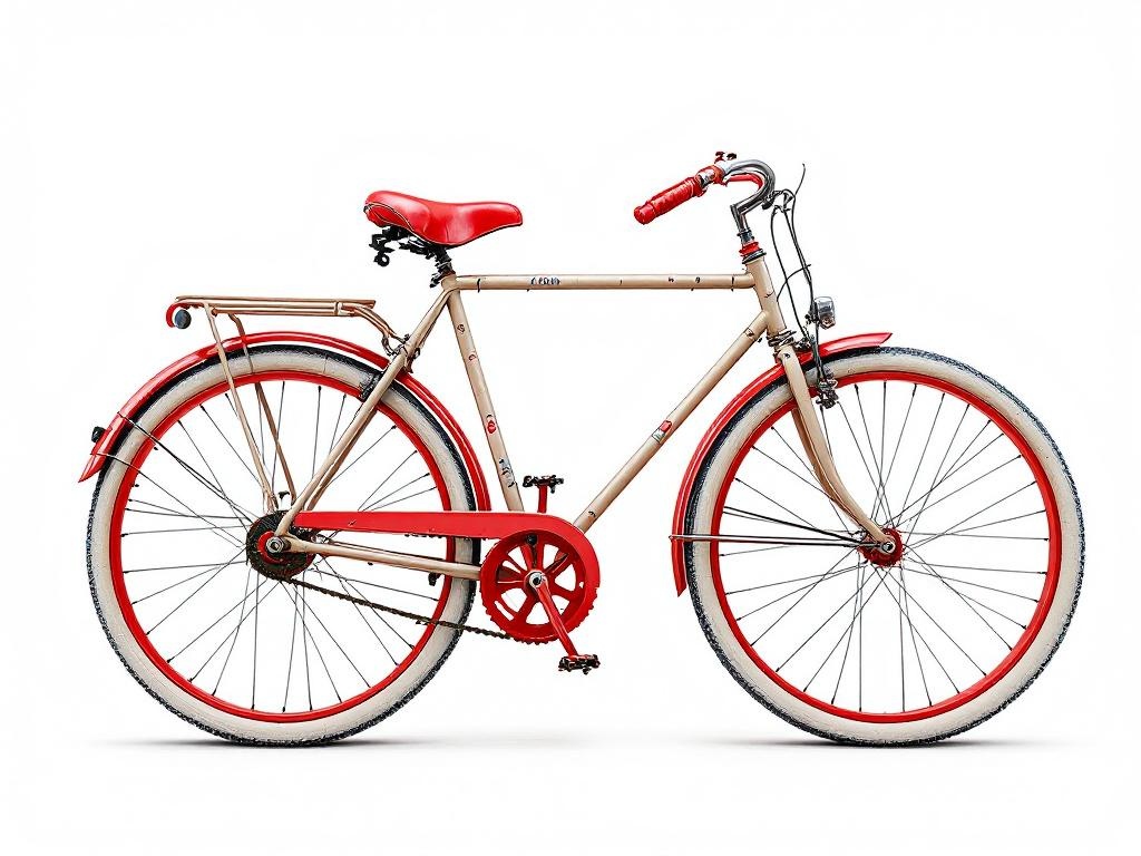 a gravel beige vintage bicycle with red tires and handlebars, red spokes and gears, against a plain white background