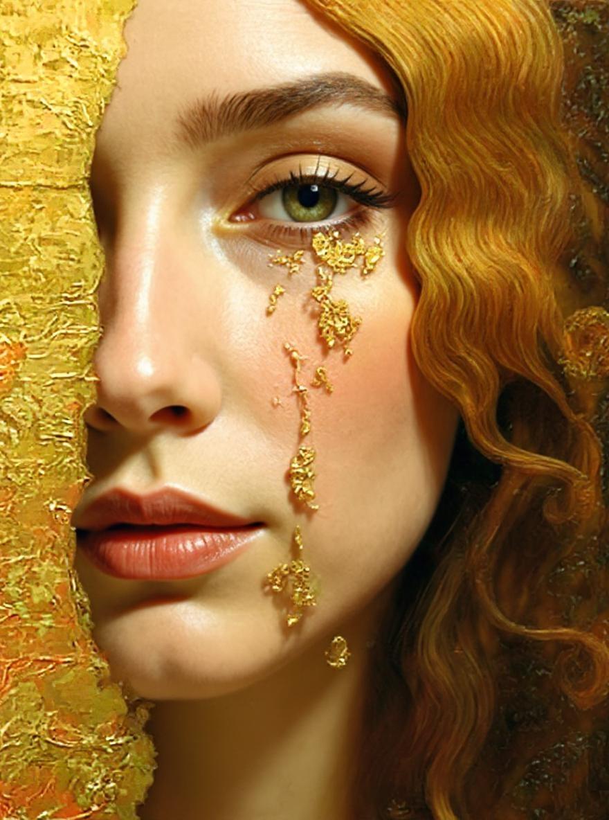 enhace this art image making the yellow colors more like gold and the woman face a little more realistic. Remove any letter or text