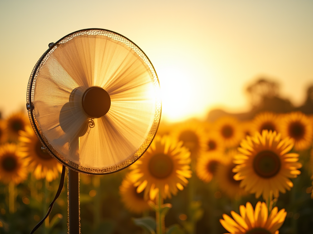 a-fan-is-spinning-on-sun-flowers-x7k846xpme