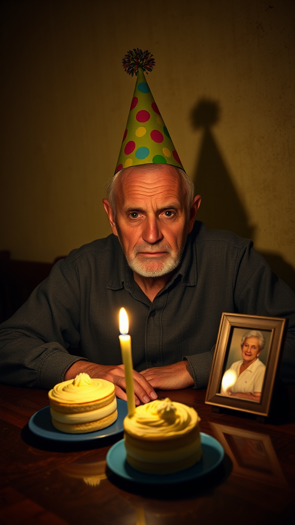Develop a nighttime indoor scene captured in an ultra-realistic photography style. An elderly, balding man with a few white hairs and no beard sits at a dark wooden table, illuminated by a dim, yellowish light coming from a single candle on the cake. He is wearing a colorful party hat with polka dots and a pompom on top, adding a vivid contrast to the melancholic atmosphere. His face expresses deep sadness and reflection, highlighted by the lighting that subtly shapes his wrinkled features. The table displays a small birthday cake with shiny cream frosting and a lit candle, placed on a blue ceramic plate. Next to the cake, a photo frame of his elderly wife who is no longer present, reflecting the light of the candle, completes the composition. The yellowish tone of the light, sad and insufficient, creates a play of soft shadows and lights, which emphasizes the texture of the surfaces and the man's expression, increasing the sense of realism. The background is a neutral colored wall, with a subtle texture that suggests a very old house, keeping the focus on the central figure and his expression of loneliness in a moment that should be one of celebration.

In the background, with blur and little sharpness, there is the devil laughing with happiness, as if he were laughing and pointing his finger at the man in the spotlight in the scene.

Pay attention to the lighting. The entire environment is somewhat dark and lit only by the candle with a weak, yellowish light, demonstrating a sad atmosphere.

Also pay attention to the angle of the image. The image should be generated as if you were looking at the scene from the front.

I would like the image to be with the angle seen from the front in a medium filming plan. model this prompt
