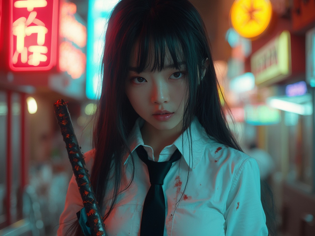 Candid image, photography, natural textures, highly realistic light, editorial, Candid image, photography, natural textures, highly realistic light, editorial, An Asian girl with long dark hair wearing a white shirt and black tie, is in fighting position  holding a katana in front of a colorful neon sign background. Onto her white shirt she has traces of blood spilled crossed (Colour scheme incorporating Sky Blue, Blue Green, Prussian blue, Selective Yellow, UT Orange)