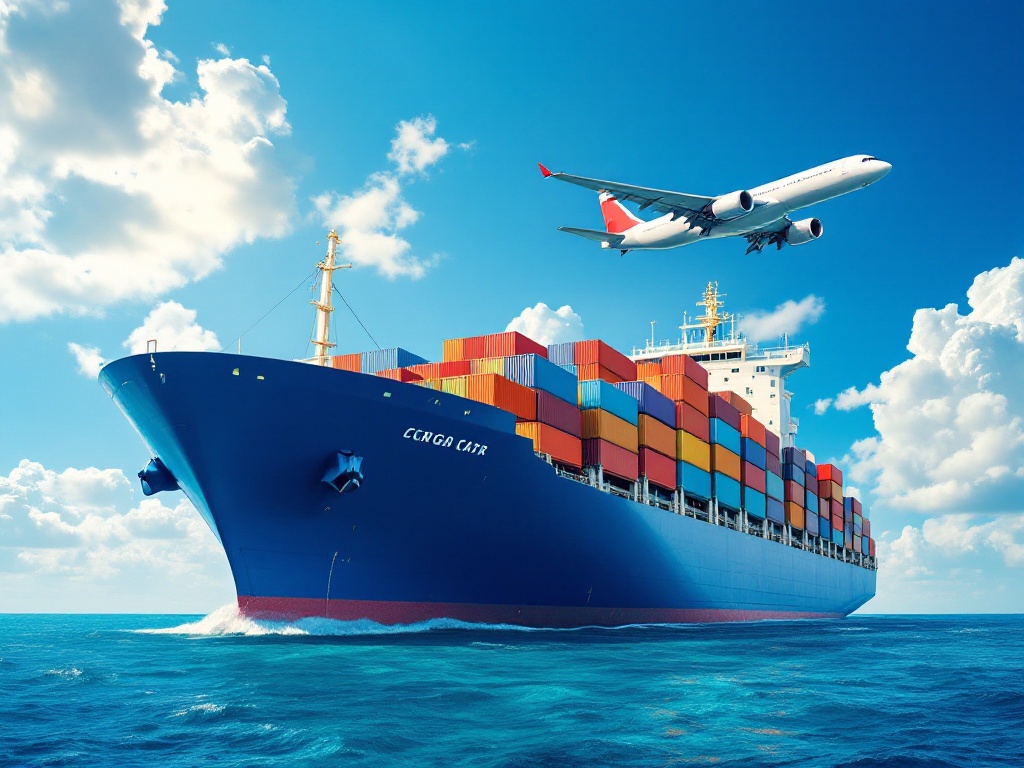 Visualize a colossal cargo ship, its hull painted a deep navy blue, filled with vibrant, multicolored containers, each meticulously stacked, casting intricate shadows over the shimmering turquoise ocean. Above, a sleek, silver airplane, nearly the size of the ship, soars toward it, creating a dynamic tension as they seem poised to cross paths. The airplane's polished surface reflects the brilliant sunlight, contrasting with the ship's rugged texture. Fluffy white clouds drift lazily in the brilliant blue sky, enhancing the scene's depth and inviting a sense of adventure and anticipation.