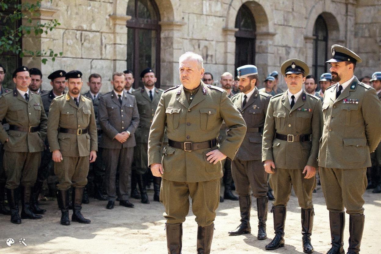 Early 1900s Italian military gathering in a courtyard, Gabriele D’Annunzio in olive-green military uniform, short four-pocket jacket with epaulettes, black leather belt, cavalry breeches tucked into tall polished black boots, hands on hips, chest forward, head slightly raised, determined expression, shaved head with slight shadow of hair. To his right, four officers in matching uniforms and tall black boots, wearing blue-visored peaked caps, one with tricolor stripes on the sleeve, others with hands together or at sides, standing erect. To his left, a dense group of soldiers in olive uniforms, some wearing black or blue berets, some with ties, various facial hair, arms crossed or hands behind backs, all focused on D’Annunzio. Background: stone wall with tall arched windows, lush green vegetation on the left side catching daylight. Natural soft daylight from above, cinematic hyperrealism, rich deep colors, realistic military greens, warm skin tones, subtle film grain, ultra high resolution, ARRI Alexa 65, 50mm lens, f/4, shallow depth of field, sharp focus on foreground, slightly blurred background