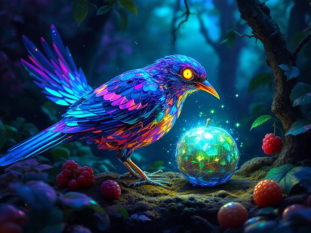 A bioluminescent, iridescent bird, half-transformed into gleaming chrome, consumes a shimmering, non-Euclidean fruit in a twilight forest;  surreal, hyperrealistic digital painting, vibrant colors, intricate details,  evoking a sense of wonder and unease.
